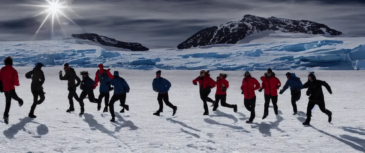 Prompt: a creepy backlit hyper detailed photo realistic vivid close up photograph of a group of six complete people in the snow at night in antarctica running through mcmurdo station base screaming oh my god