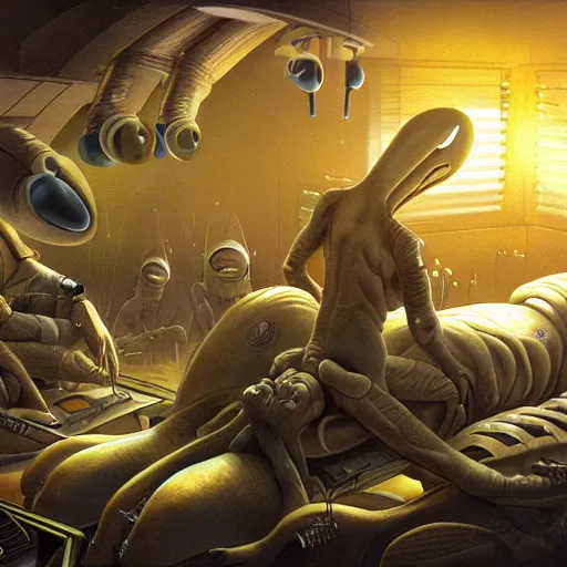 Image similar to primitive aliens caring for injured human at bedside, cinematic, worm's eye view, dramatic lighting, illustration, ron cobb, mike mignogna, science fiction, detailed painting, high detail, rough paper