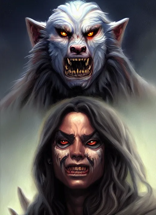 Image similar to a _ fantasy _ style _ portrait _ painting _ of werewolf, dnd, wicked, oil _ painting _ unreal _ 5 _ daz. _ rpg _ portrait _ extremely _ detailed _ artgerm _ greg _ rutkowski _ greg