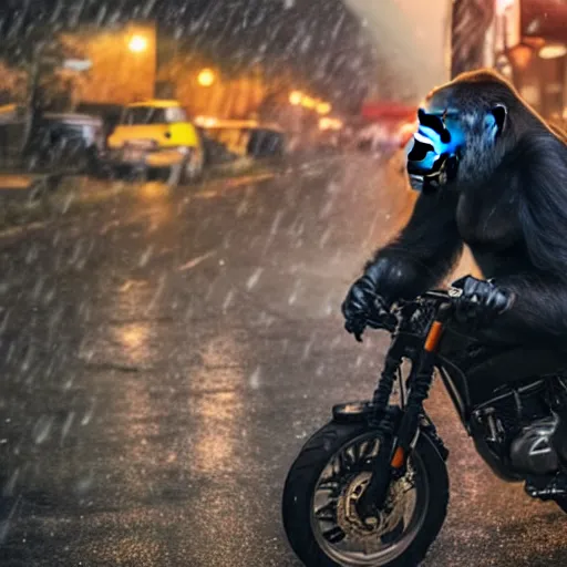 Prompt: a gorilla is riding a motor cycle in a cyberpunk city, shot from far away, during night, raining, many puddles on the street