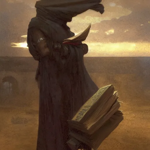 Image similar to half portait of magican wearing a closed cowl holding a big old book! chained!! to his wrist, jeremy mann, jean leon gerome, alphonse mucha, greg rutkowski, hood covers his eyes, ( ( ruins of ancient rome ) ), at dusk, mysterious atmosphere, sunrays, dof, masterpiece, high detailed, 8 k