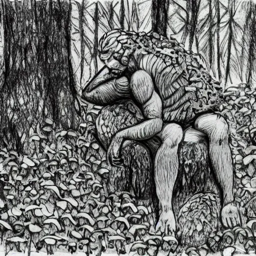 Prompt: The Thinker Sculpture covered in mushrooms and peyote, sitting in a dense luscious forest, ink sketch, Naturalist