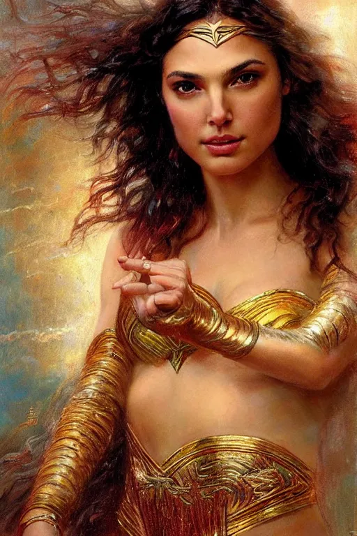 Prompt: high detail portrait of gal gadot as the goddess aphrodite. art by gaston bussiere.