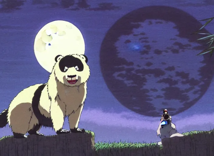 Image similar to a still from a studio ghibli movie of a cartoon panda demon from princess mononoke ( 1 9 9 7 ), in front of a pale full moon, full body, wide shot, very dull muted colors, studio ghibli, highly detailed, deviantart, art by artgem