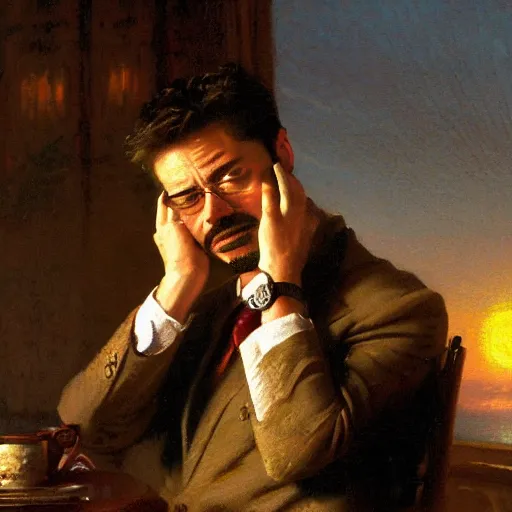 Prompt: oil painting of tony stark wiping his glasses, sitting in an armchair in a room with the setting sun, by thomas kinkade, rembrandt, golden hour