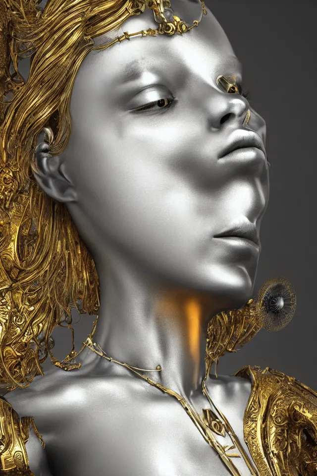 Prompt: beautiful frontal view face portrait of a angelic queen female cyborg, 1 5 0 mm chromatic aberration mandelbrot fractal symmetric, steampunk silver titanium gold, 8 k artistic photogenic, by dora maar art station octane render digital work intricate