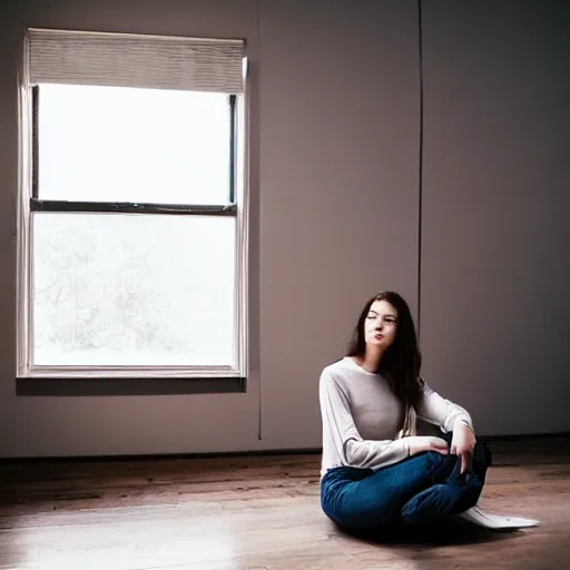 Image similar to casual photograph of a woman sitting in a studio room pensively, with the poise and appearance of the ( ( ( ( ( ( ( ( mona lisa ) ) ) ) ) ) ) ), taken in 2 0 1 9 with a digital camera, full color, head shot