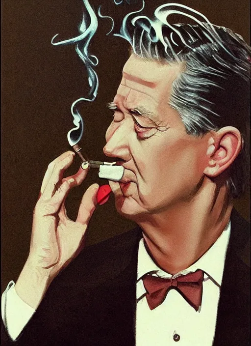 Image similar to portrait of David Lynch smoking a cigarette in Twin Peaks (1990), highly detailed, centered, solid color background, digital painting, artstation, concept art, smooth, sharp focus, vintage grainy 1970s illustration, Basil Gogos, donato giancola, Joseph Christian Leyendecker, Les Edwards, Ed Repka, Wayne Barlowe,