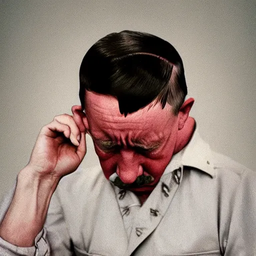 Image similar to photo of adolf hitler crying in the style of martin schoeller