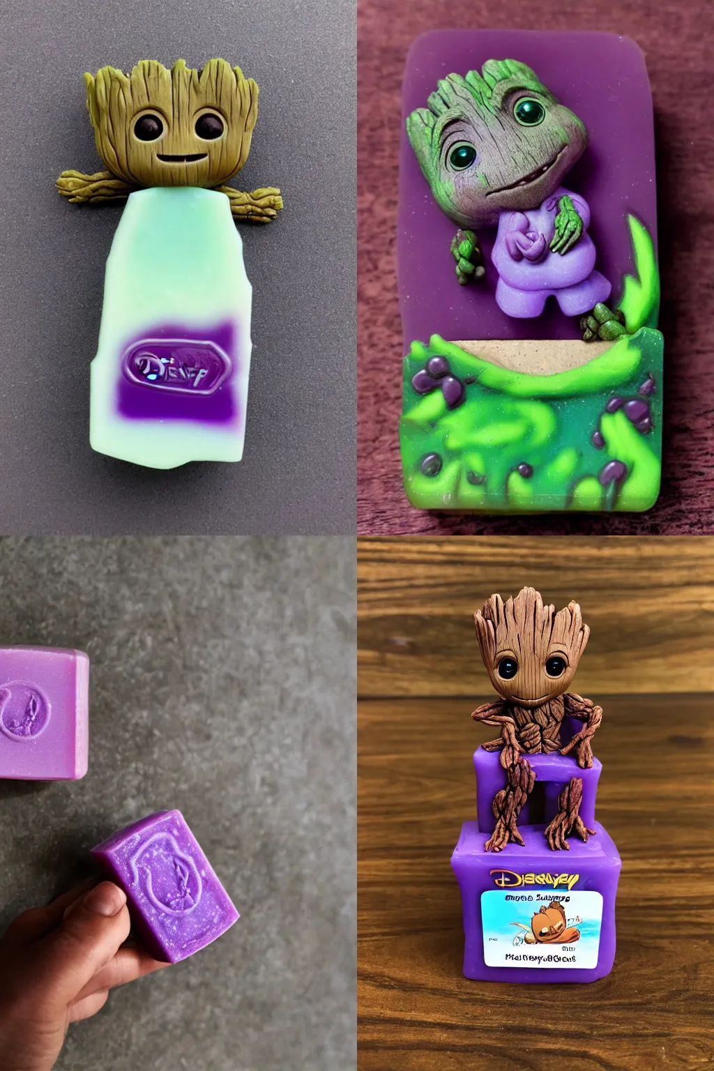 Prompt: little cute Groot surfs on a bar of purple soap, by disney plus