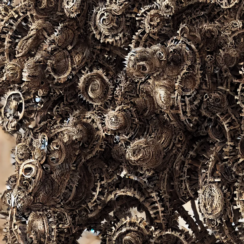 Prompt: portrait of a mechanical rhinoceros with gears, ornamental,photorealistic, wide angle, cinematic atmosphere, elaborate, highly detailed, ornate, shiny, dramatic lighting, octane render,