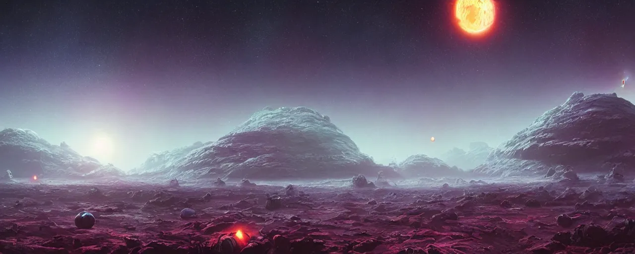 Prompt: ” outer planet landscape at pitchblack night, [ cinematic, detailed, epic, widescreen, opening, establishing, mattepainting, photorealistic, realistic textures, octane render, art by paul lehr ] ”