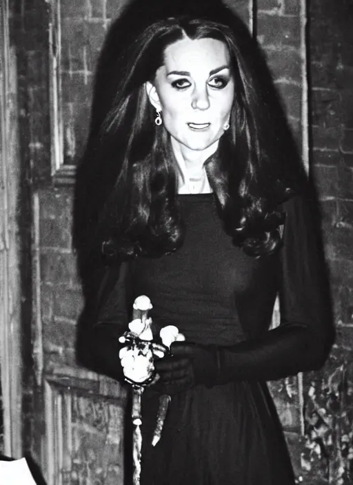Prompt: candid photo of kate middleton as a gothic vampire in the 1980s, haunted house interior, ghostly figure, scary, 80s aesthetics,