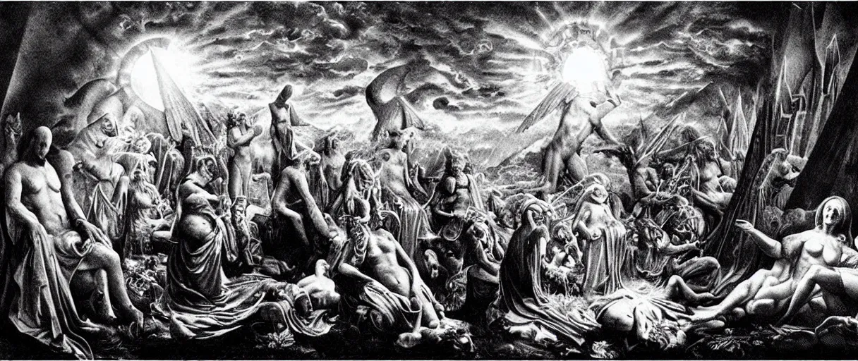 Image similar to the birth of civilization out of the luciferian spirit of distributed cognition, secret illuminati cabal, highly detailed, occult alchemy, dark surrealism