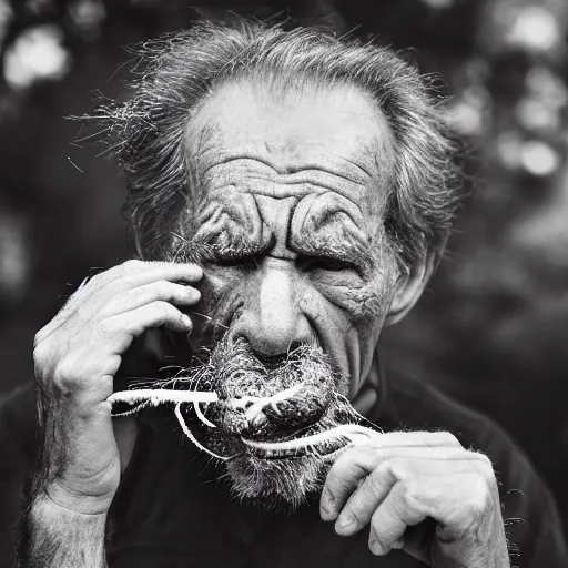 Image similar to National Geographic photo of angry old man with spiders in his mouth