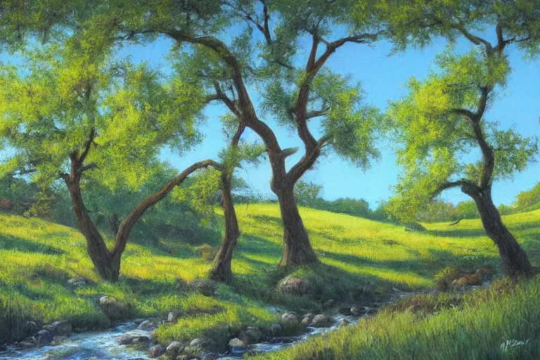 Image similar to masterpiece painting of oak trees on a hillside overlooking a creek, dramatic lighting, by peter ferguson