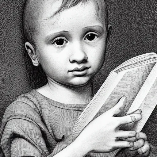 Prompt: hyperrealistic hyperdetailed elaborate minimalist half-lenght side portrait of a child, reading an interesting illustrated book. beautiful hands in the style of Michelangelo and Caravaggio. amazing textures. HD 8x no frame
