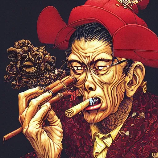 Image similar to portrait of crazy monkey smoking cigar, symmetrical, by yoichi hatakenaka, masamune shirow, josan gonzales and dan mumford, ayami kojima, takato yamamoto, barclay shaw, karol bak, yukito kishiro