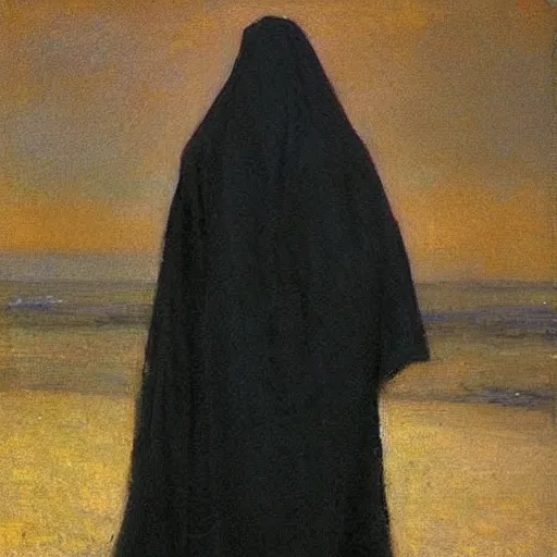 Image similar to Back view of the grim reaper as a beautiful woman, thin black robe, death himself, elegant, deep shadows, award winning, by Ilya Repin, deviant art