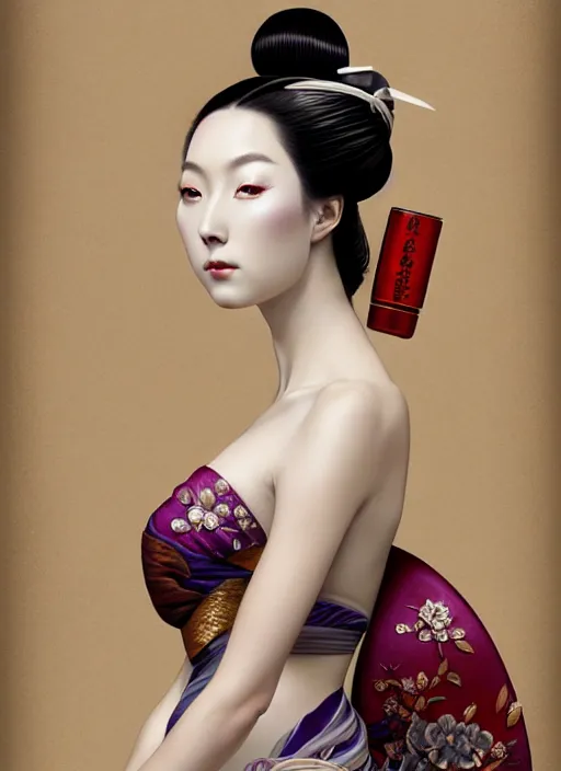 Image similar to organic seductive Geisha, pearlescent skin, diffuse lighting, fantasy, intricate, elegant, highly detailed, lifelike, photorealistic, digital painting, artstation, illustration, concept art, different full body view, smooth, sharp focus, art by John Collier and Albert Aublet and Leonardo da vinci and Krenz Cushart and Artem Demura and Alphonse Mucha