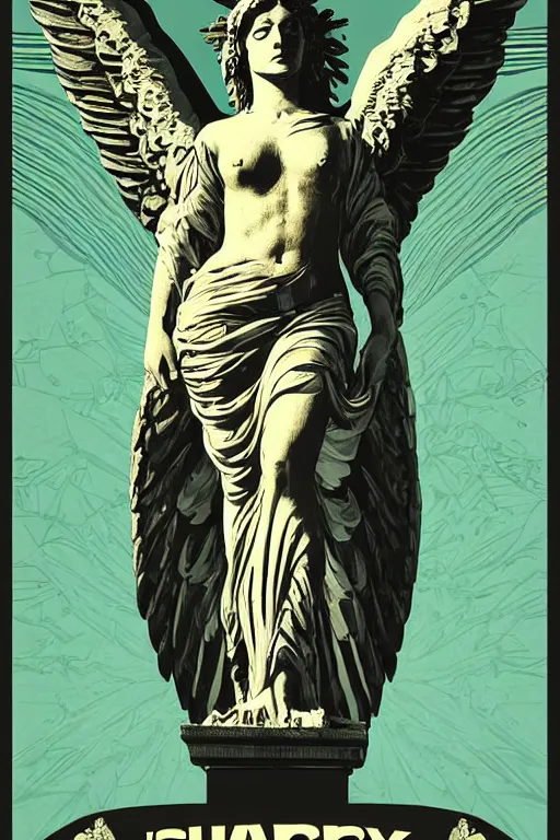 Prompt: Shepard Fairey poster of The Winged Victory of Samothrace, color, high resolution.