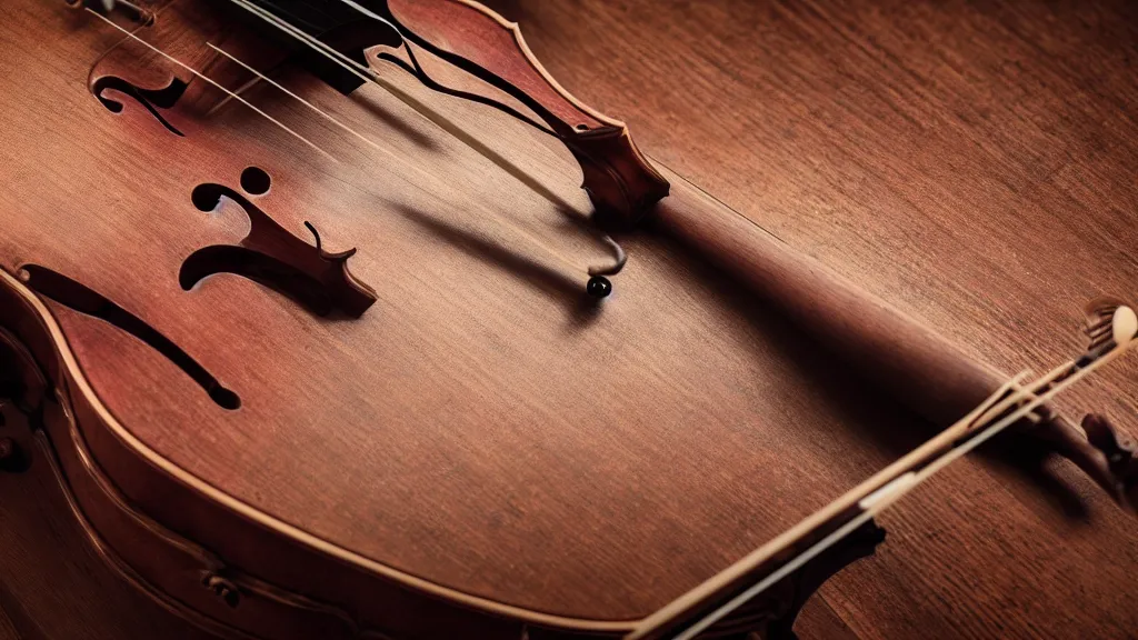 Image similar to a violin on an ancient wood table in victorian house, close up view, 3/4 view, beautiful reflexions, detailed wooden table, photorealistic, photorealism, diffuse light, octane render