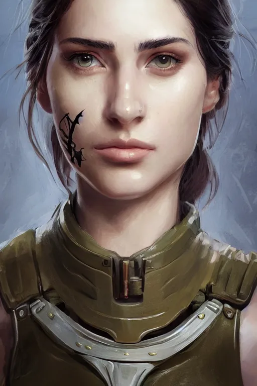 Image similar to a professionally painted portrait of an attractive young woman, clothed in military armor, olive skin, long dark hair, beautiful bone structure, symmetrical facial features, intricate, elegant, digital painting, trending on Artstation, concept art, smooth, sharp focus, illustration, from Metal Gear by Ruan Jia and Mandy Jurgens and Artgerm and William-Adolphe Bouguerea, award winning