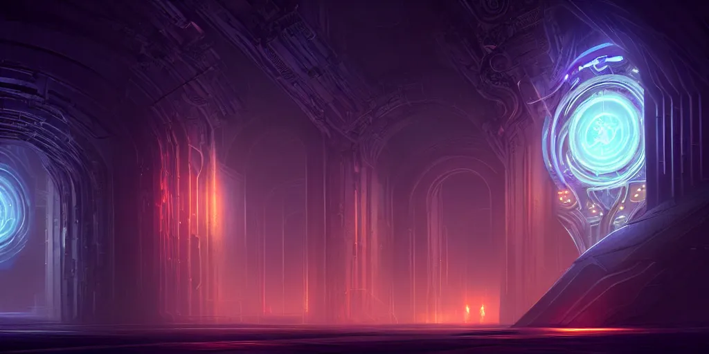 Image similar to portal to the ethereal realm, centered composition, intricate concept art, ethereal, ominous, mysterious, enchanted, magic, dramatic lighting, illuminated lines, outrun, vaporware, illuminated runes, cyberpunk darksynth, dark background, 8 k, octane render, by james paick and stephan martiniere and alphonse mucha