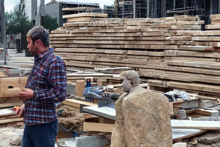 Image similar to a man made of stone, wearing a plaid shirt, working construction