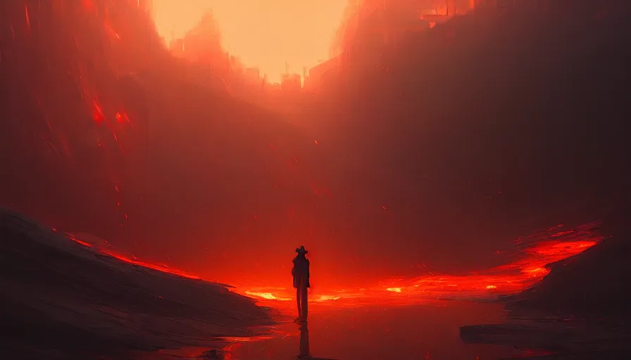 Image similar to moody portrait of a vast flaming robotic hellscape full of robotic chains and fite, path traced, environment, highly detailed, high quality, digital painting, alena aenami, lilia alvarado, shinji aramaki, karol bak, alphonse mucha, tom bagshaw