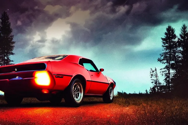 Image similar to pontiac firebird with glowing paint, sunrise, eerie light, fireflies, dog watching the car, dramatic, cinematic, forest, horror, sunbeams, volumetric lighting, wide shot, low angle, lightning storm hitting the car