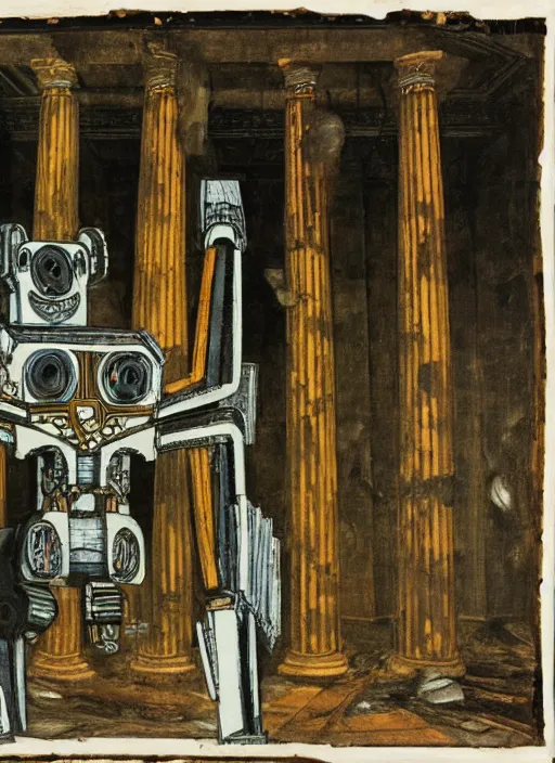 Image similar to a mecha robot inside a Greek temple filled with bones, Greek temple, Daguerrotype, Francis Bacon Painting