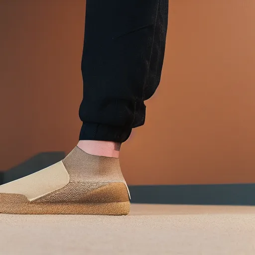 Image similar to a distinctively curved silhouette desert sand color shoe, upper of the shoe is made from a lightweight foam material and has holes, which gives the shoe its unique look. the desert sand color foam material used on the midsole and outsole of the shoe, foam - based slip - on shoe, designed by kanye west, studio lighting, studio portrait