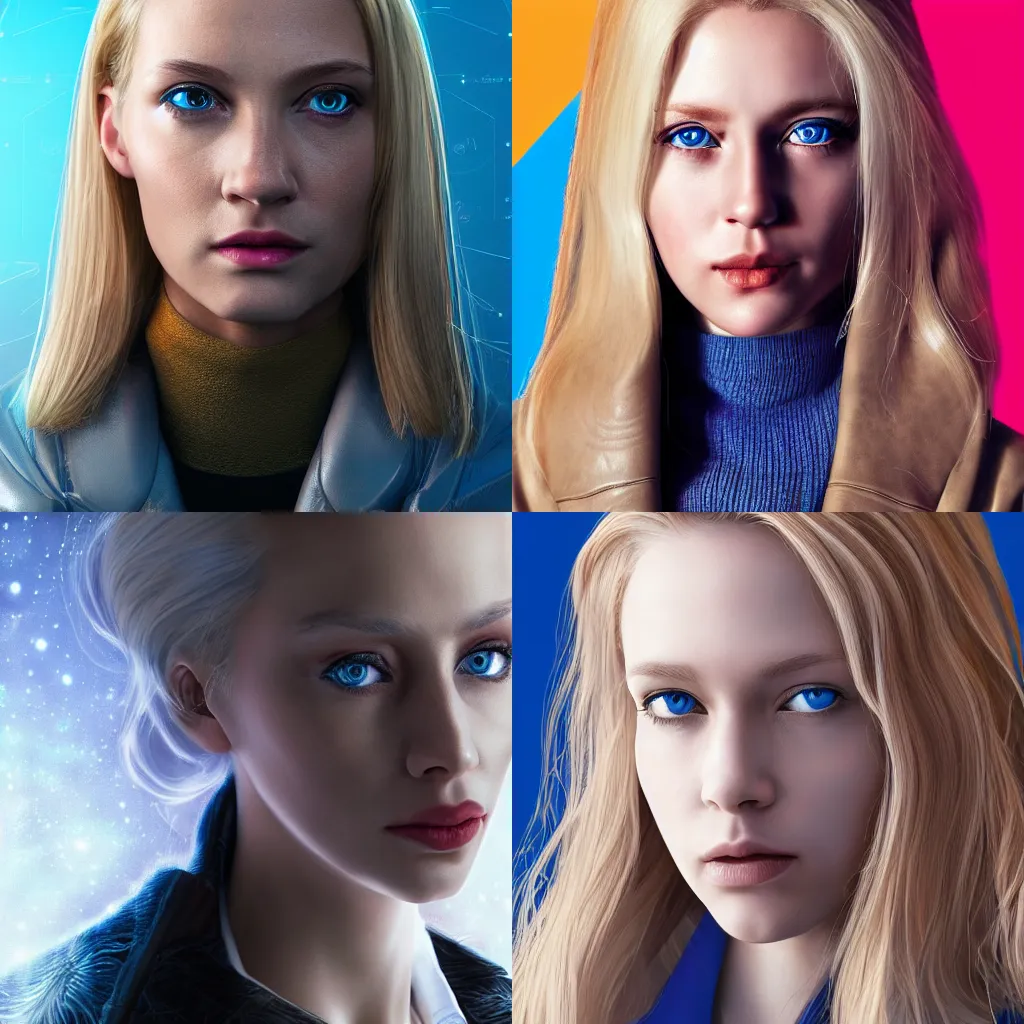 Prompt: Realistic sci-fi close-shot portrait of a young female blonde scientist with light skin and blue eyes wearing an intricate leather coat, dark flat color background, colorful digital art, by Jason Chan. hyperrealistic, award-winning, 4k