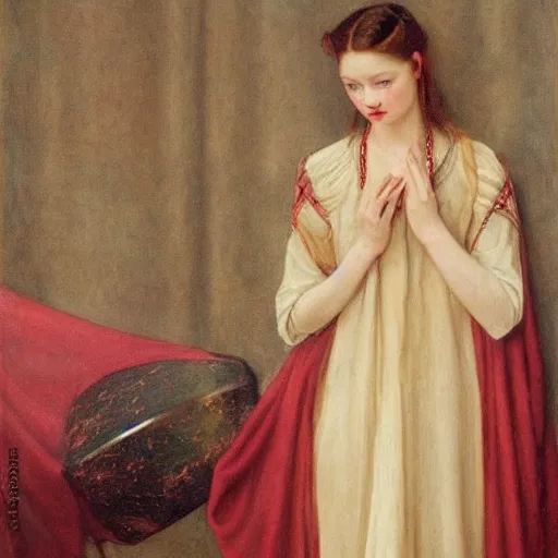 Prompt: Mackenzie Foy as a Pre-Raphealite muse, John Collier