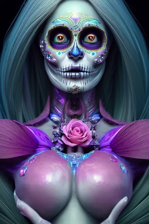Image similar to ultra detailed, ethereal closeup photo of female android deity, sharp focus, no blur, studio photo, floodlight. fantasy art, octane render, unreal engine. dia de los muertos, flowerpunk. photorealistic concept art, triadic color scheme. art by artgerm and wlop and giger and greg rutkowski and alphonse mucha, 8 k