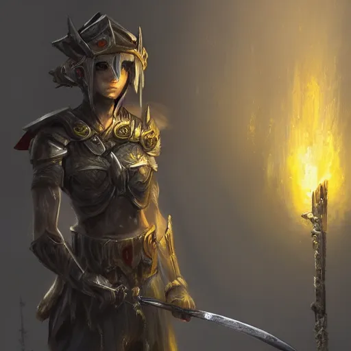 Image similar to Concept art of swordsman with yellow eyes carrying a torch inside a decaying ancient fantasy temple. She wears a rusty silver armor, trending on artstation, dark fantasy, concept art