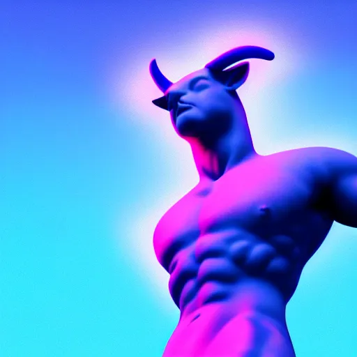 Image similar to unreal engine octane render houdini hyperreallistic render 8k marble statue of the minotaur vaporwave blue and pink neon background