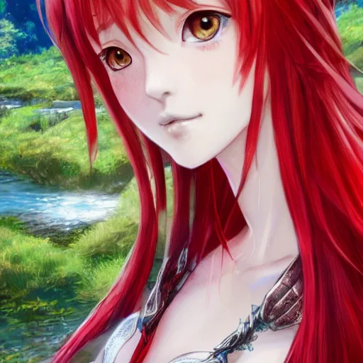 Prompt: a red haired female knight as an absurdly beautiful, elegant, young sensual anime girl, river in background, ultrafine hyperrealistic detailed face illustration by kim jung gi, irakli nadar, intricate linework, sharp focus, bright colors, matte, octopath traveler, final fantasy, unreal engine highly rendered, global illumination, radiant light, intricate environment