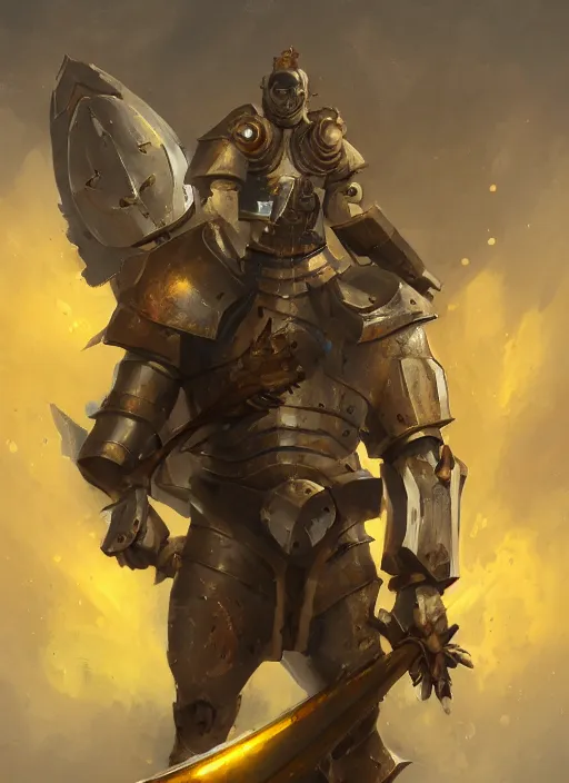 Prompt: dynamic portrait of a cyclopean warforged character in yellow armor holding a paladin engraved longsword and carrying a big shield, epic , trending on ArtStation, cinematic lighting, by Greg Rutkowski and Jesper Ejsing