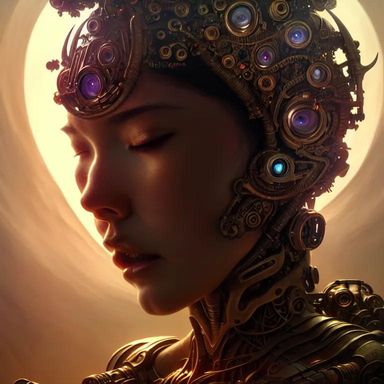 Image similar to ultra realistic beautiful cyborg deity eyes closed, fantasy, intricate details, movie still, highly detailed, photorealistic, octane render, eerie, 8k, art by artgerm and james clyne and greg rutkowski and alphonse mucha