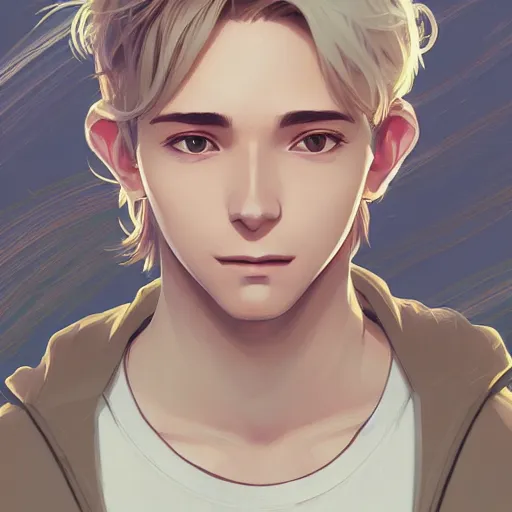 Prompt: young man with short, ash blond greyish hair, light brown eyes, casual clothes, relaxing, happy, path traced, highly detailed, high quality, digital painting, by ross tran and studio ghibli and alphonse mucha, sylvain sarrailh, beautiful details