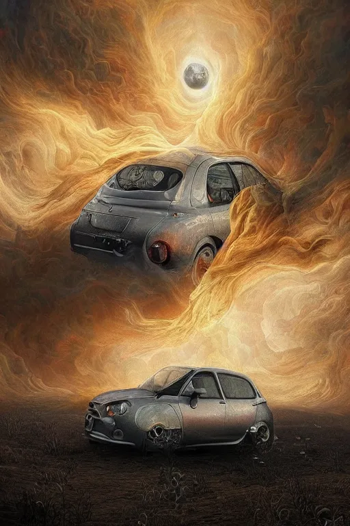 Prompt: Intricate stunning highly detailed Fiat 600R built in Spain, White color, digital painting by agostino arrivabene and Vladimir Kush, surreal, ultra realistic, Horror vacui, dramatic lighting, full moon, thick black swirling smoke tornado, burning fire embers, artstation