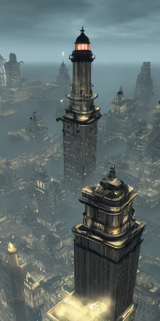 Image similar to the two cities of bioshock, Columbia floating up in the sky, a lighthouse on a island in the middle, the City of Rapture