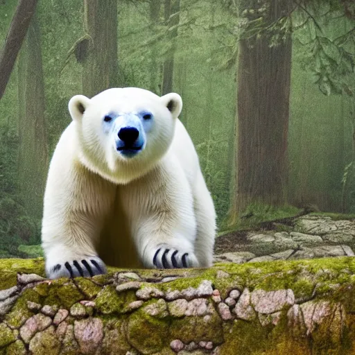 Prompt: cute photograph of a polar bear and a butterfly, living in a small home in a forest, raining outside, Hayao Miyazaki style