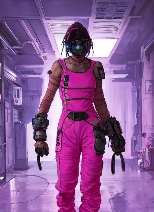 Image similar to apex legends cyberpunk athlete in pink jumpsuit. concept art by james gurney and mœbius. cinematic, hyper realism, realistic proportions, dramatic lighting, high detail 4 k