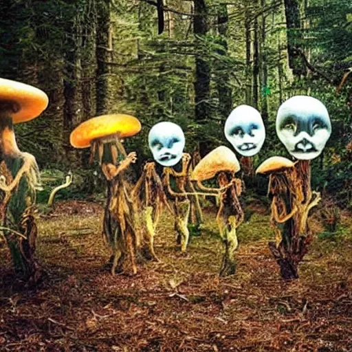 Image similar to Aliens in the shape of mushrooms being harvested by hippies in the woods, with UFO flying around, realistic