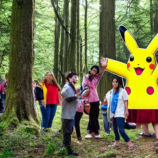 Image similar to photograph of a group of people worshipping a giant pikachu in a forest