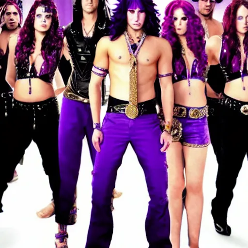 Image similar to a film still of Kars from jojo with purple hair in Magic Mike(2012)