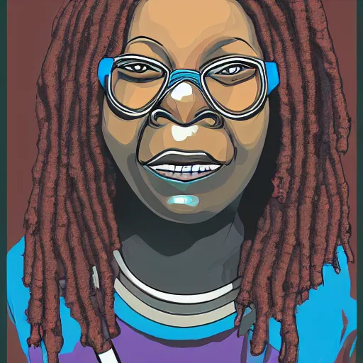 Image similar to cyberpunk robotic whoopi goldberg, sharp lines, digital, artstation, colored in